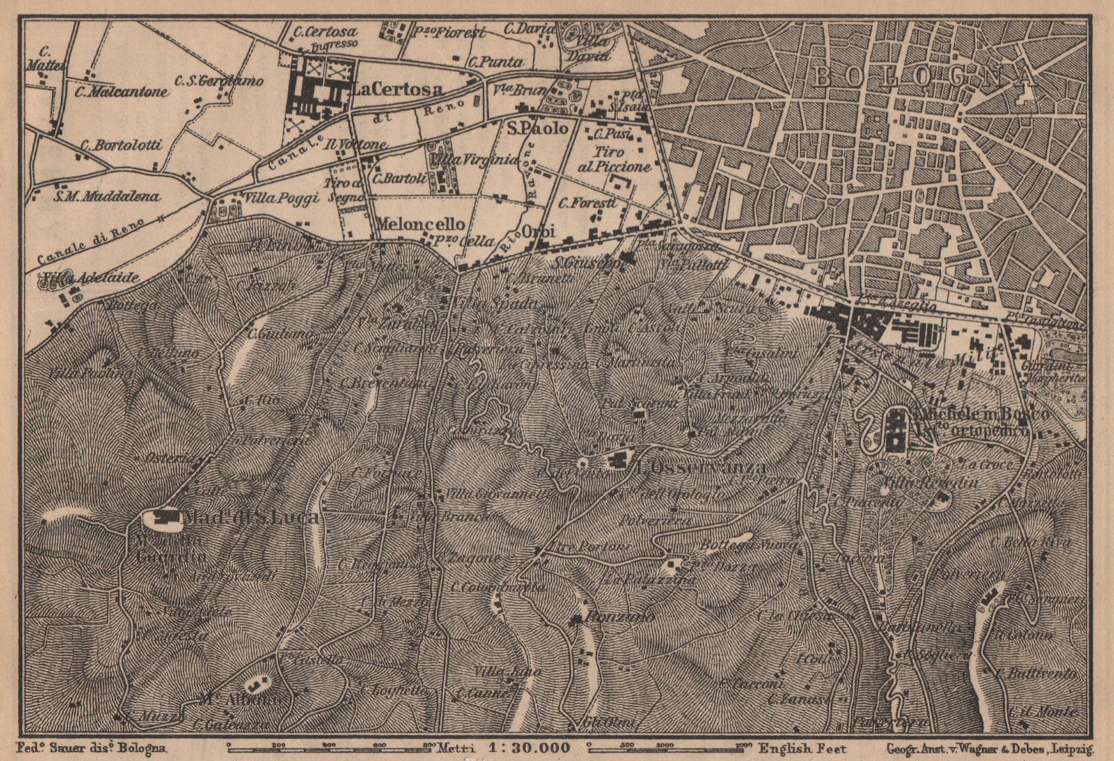 BOLOGNA environs. Certosa. Madonna di San Luca. Santo Michele in Bosco 1903 map